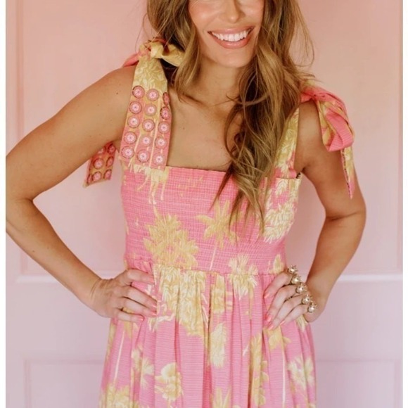 Sheridan French Kelly Dress XL Pink Yellow Floral Tie Strap Smocked Maxi Cotton - Picture 2 of 13